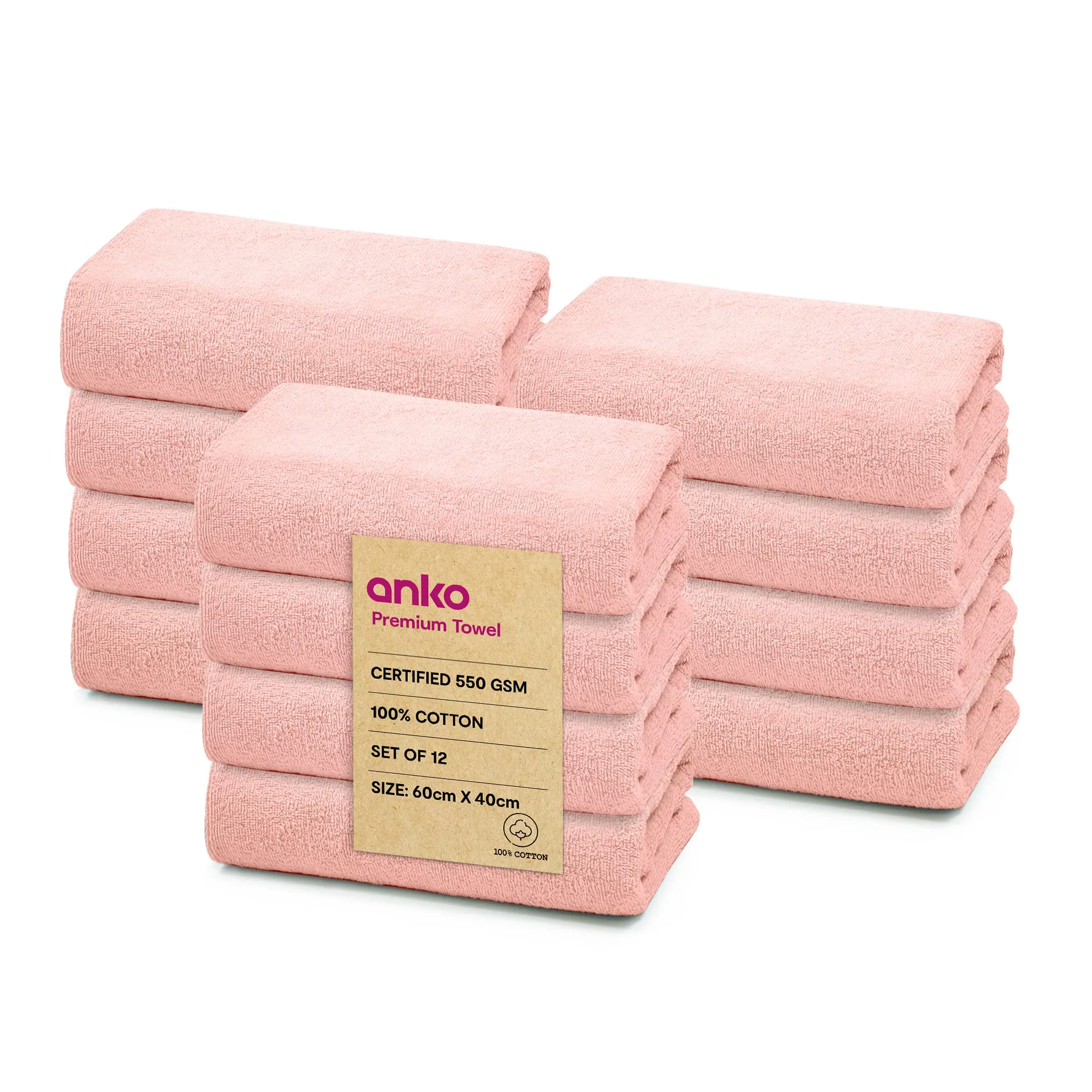 Anko Australia 100% Cotton 550 GSM Malmo Hand Towel | Set of 12 | Super-Soft, Absorbent, Quick-Drying | Soft Pink Towel for Men, Women & Kids | 60x40 cm |Travel, Gym, Spa Towel