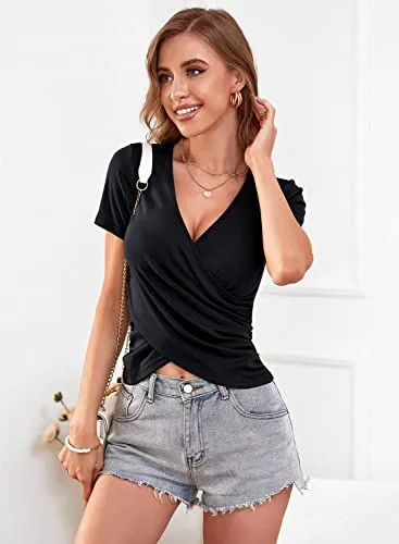 ANRILITA Deep V Neck Tops for Women Summer Casual Sexy Short Sleeve Slim Fitted Bodycon Cross Wrap Crop Tops T Shirts Blue