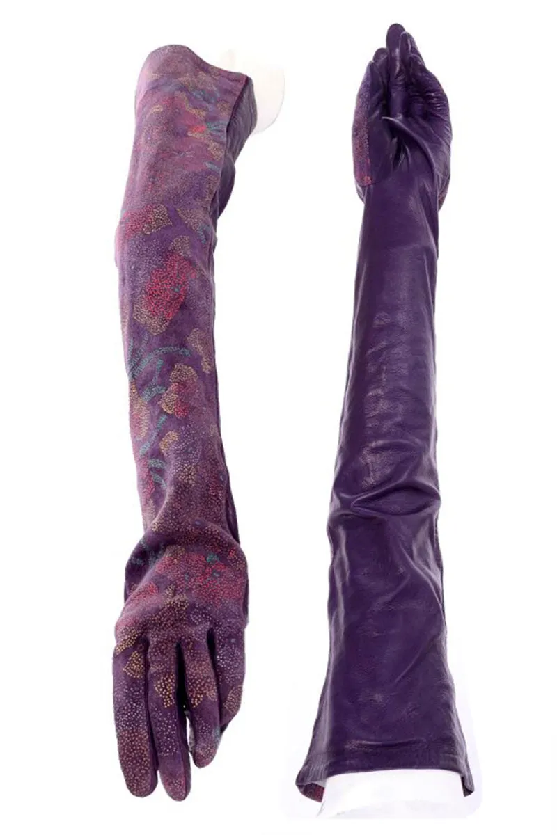 Carlos Falchi Purple Leather Opera Gloves w/ Painted Flowers