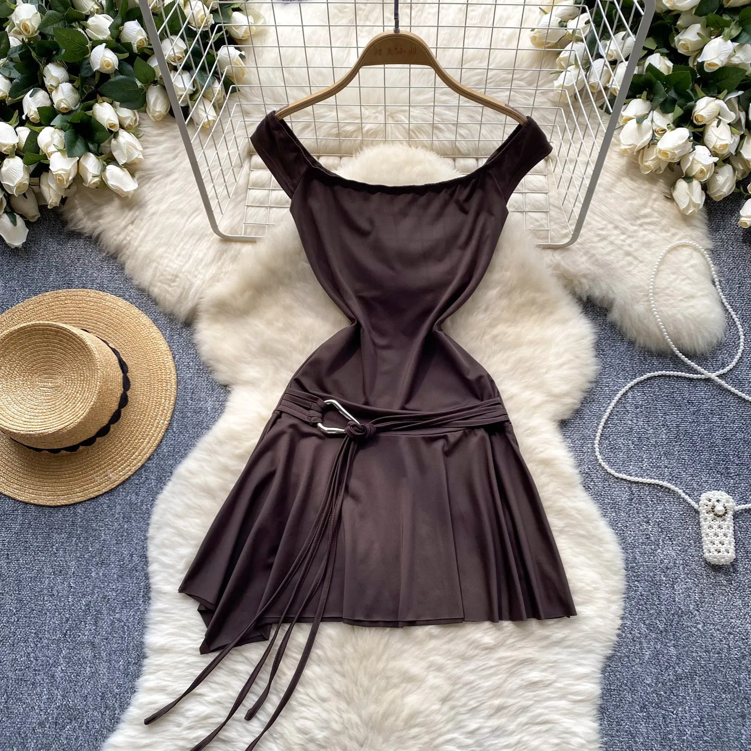 Chic Lace-up Pleated Coffee Dress