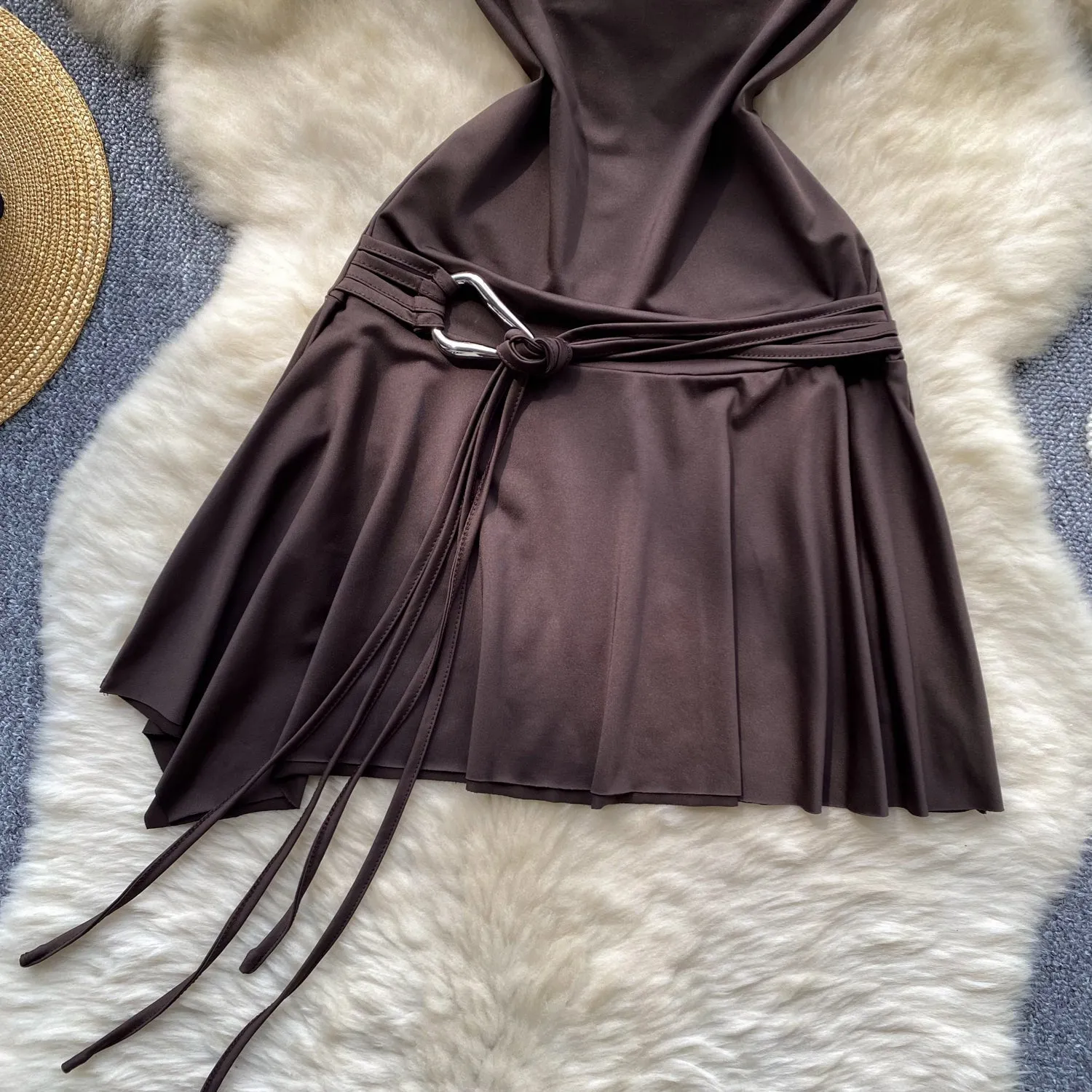 Chic Lace-up Pleated Coffee Dress