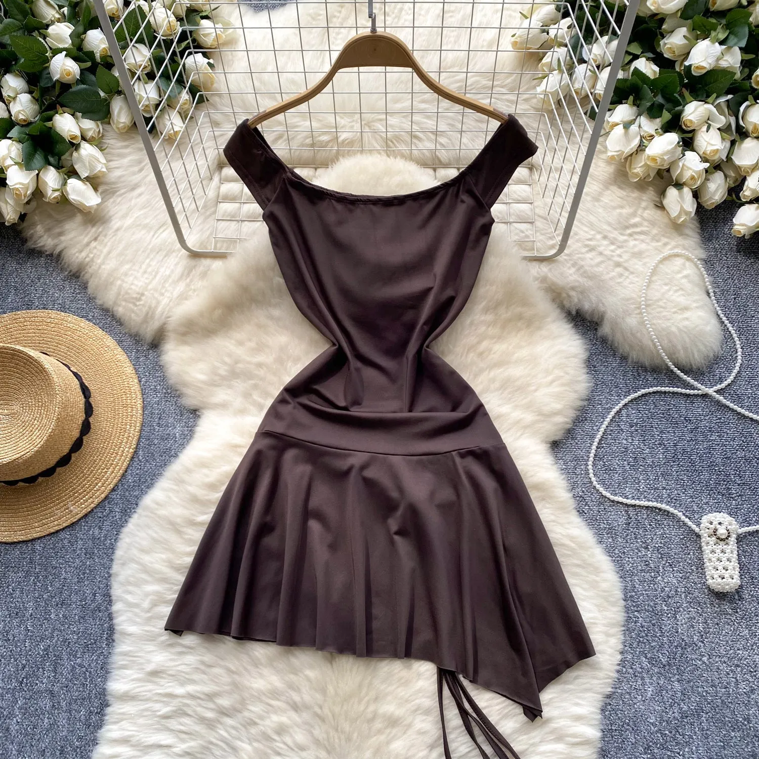 Chic Lace-up Pleated Coffee Dress