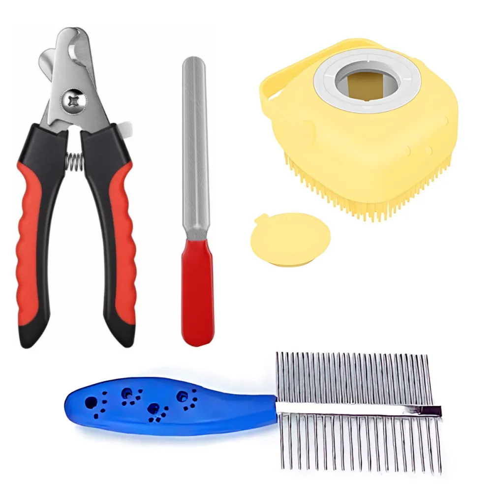 Chullbull Nail Cutter with Filer, Bath Brush, Double Sided Comb Grooming Kit for Dogs