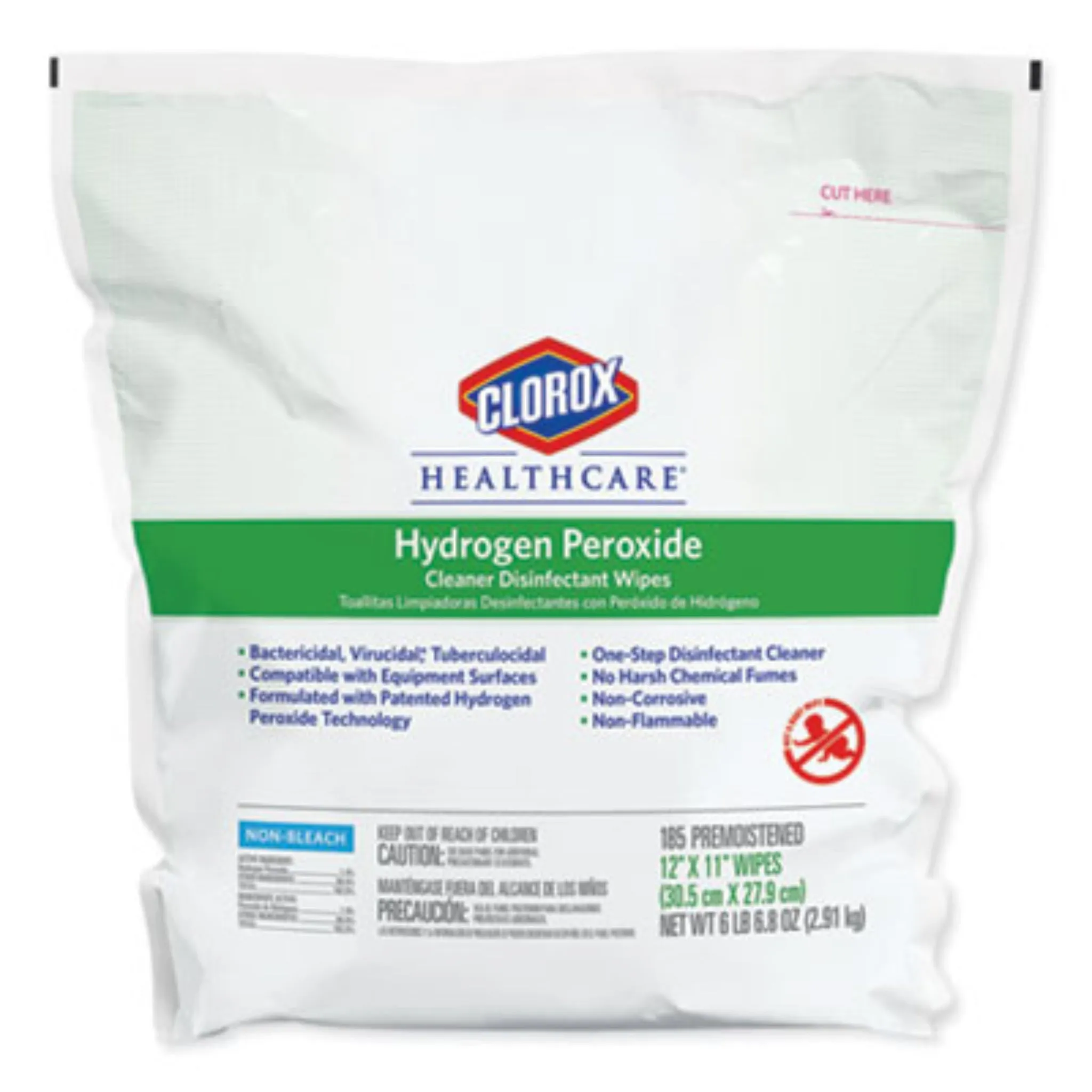 CLOROX SALES CO. CLO30827 Hydrogen Peroxide Cleaner Disinfectant Wipes, 12 x 11, Unscented, White, Pack of 185, Carton of 2 Packs