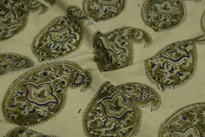 Cream & Mehndi Green Paisley Cotton Cambric Fabric