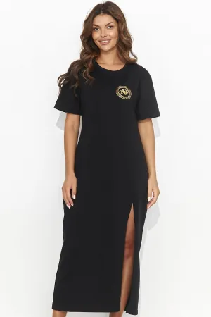 Elegant Black Maxi Sweater Dress with Artistic Appliqués