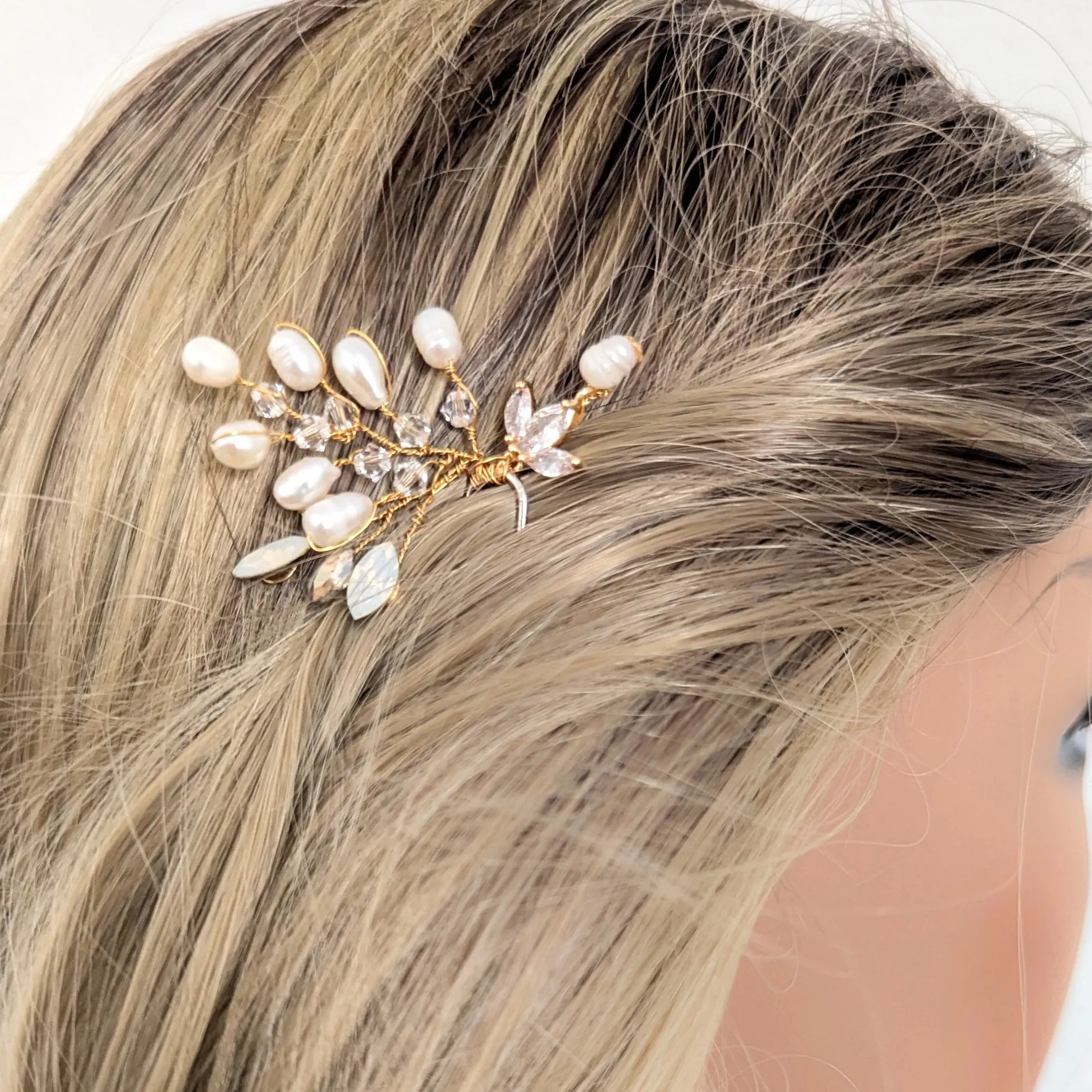 Freshwater Pearl & Crystal Leaf Hair Pin