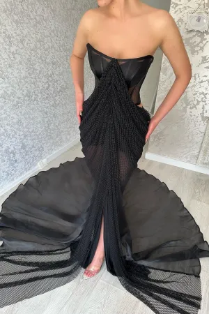 Glamorous Long Black Strapless Split Front Prom Dress