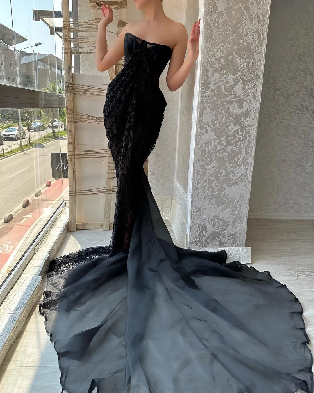 Glamorous Long Black Strapless Split Front Prom Dress