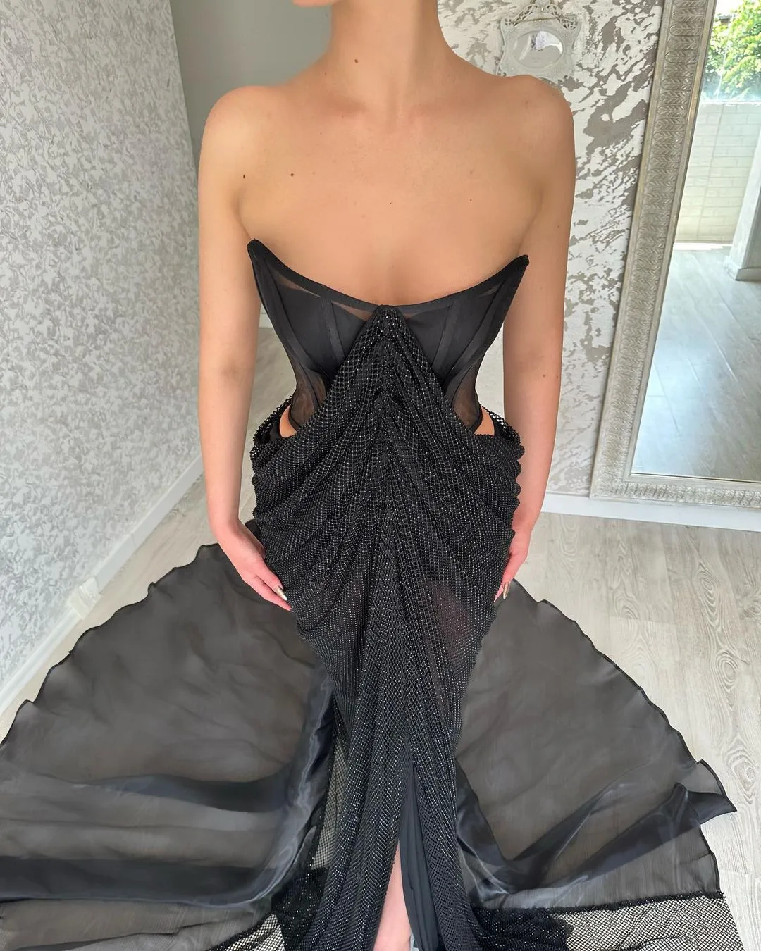 Glamorous Long Black Strapless Split Front Prom Dress