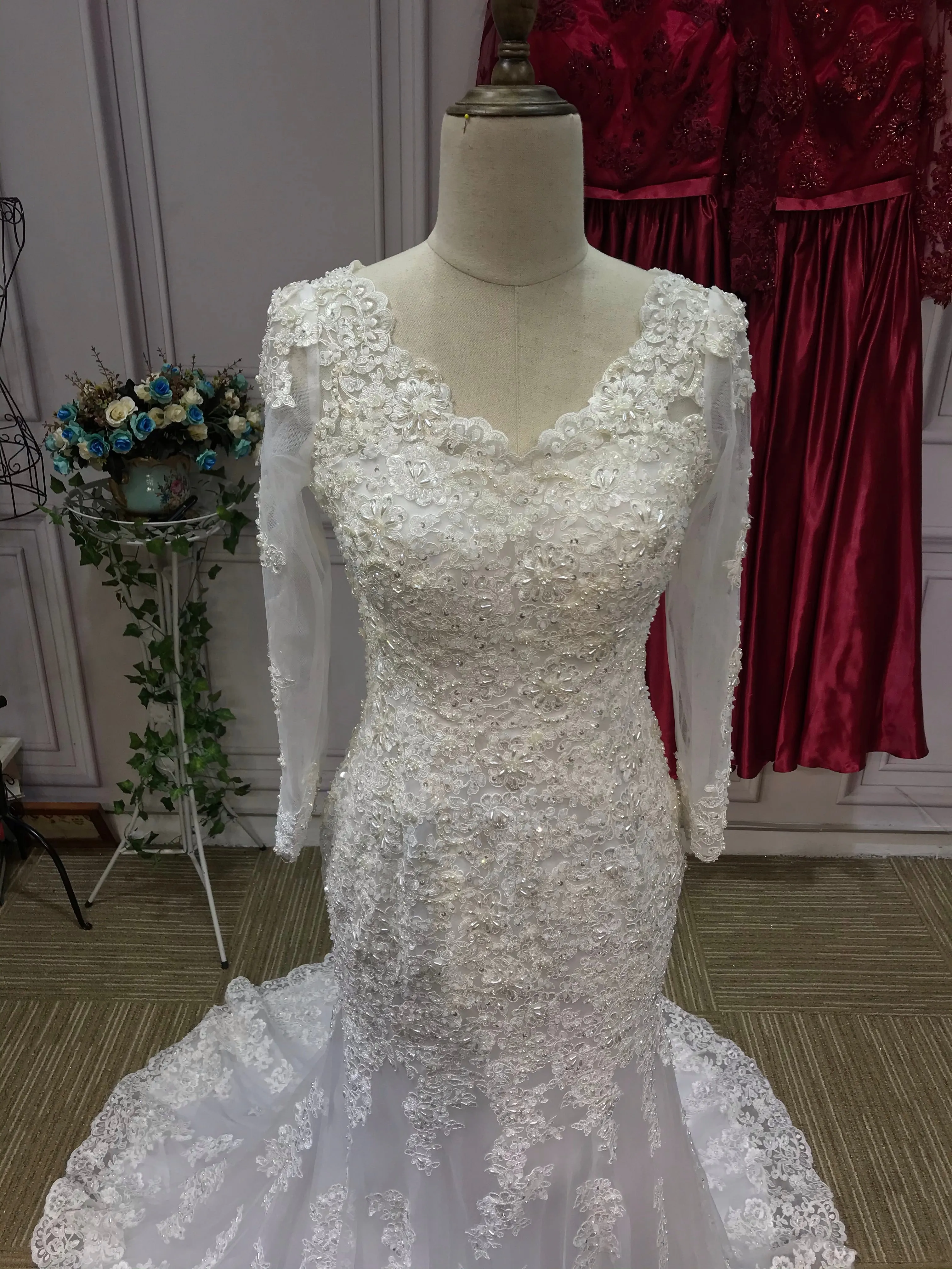 Gorgeous long sleeves alecon lace mermaid wedding dress 2021 #112207