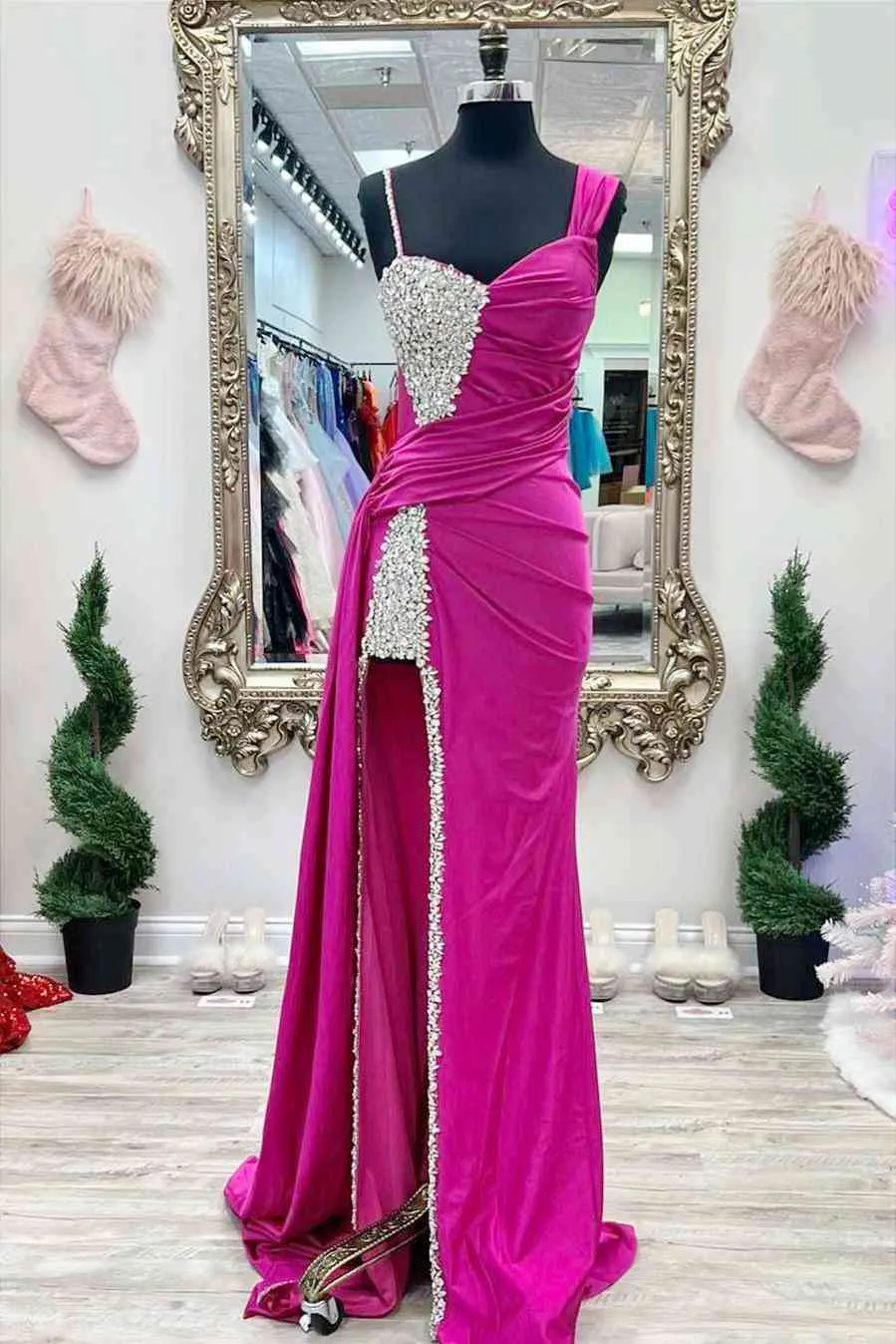 Kaydence | Chic Asymmertrical Fuchsia Beaded Long Porm Dress