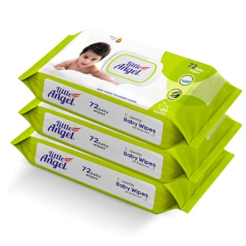 Little Angel Super Soft Cleansing Baby Wipes Lid Pack, 216 Count, Enriched with Aloe vera & Vitamin E, pH balanced, Dermatologically Tested & Alcohol-free, Pack of 3,72 count/pack