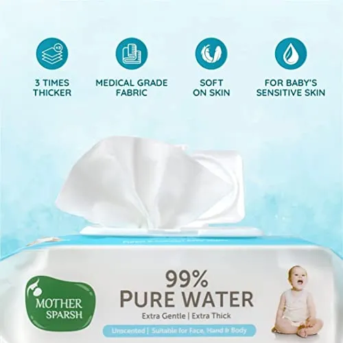 Mother Sparsh 99% Pure Water (Unscented) Baby Wipes I Natural Plant Made Cloth - Super Thick I 72 pcs/Pack - Pack of 6 (Super Saver Pack)