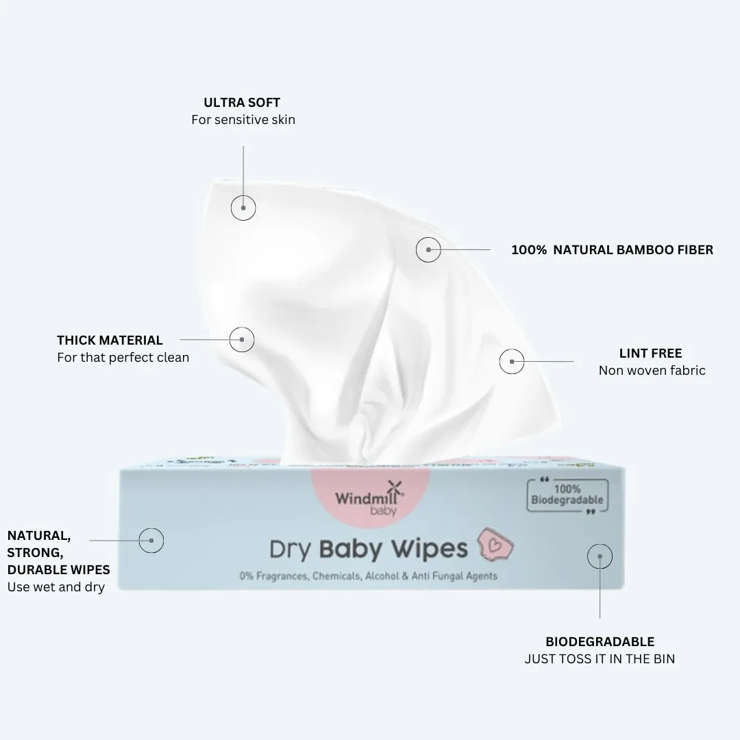 Natural Dry Baby Wipes, 100% Soft Bamboo