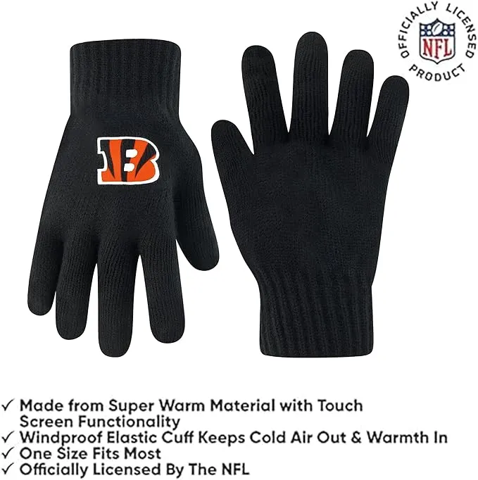 NFL Official Adults Super Soft Heritage Logo Winter Beanie Knit Hat with Extra Warm Touch Screen Gloves|Cincinnati Bengals