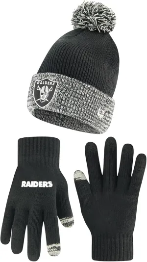 NFL Official Adults Super Soft Two Tone Winter Beanie Knit Hat with Extra Warm Touch Screen Gloves|Las Vegas Raiders