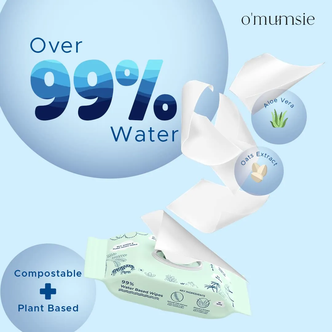 Omumsie 99% Pure Water (Unscented)Thickest Plant Based Baby Wipes Pack of 2