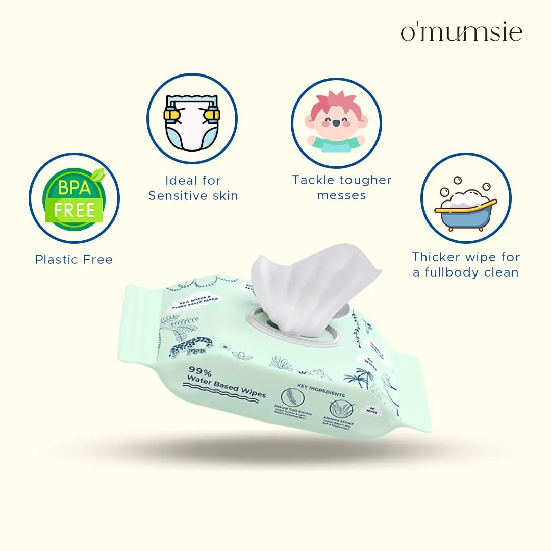 Omumsie 99% Pure Water (Unscented)Thickest Plant Based Baby Wipes Pack of 2