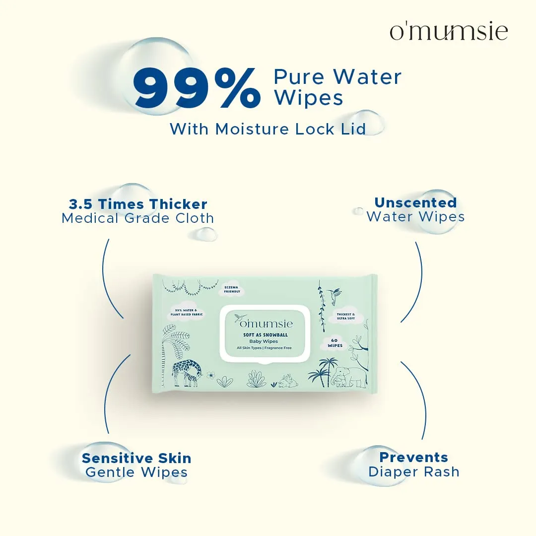 Omumsie 99% Pure Water (Unscented)Thickest Plant Based Baby Wipes Pack of 2