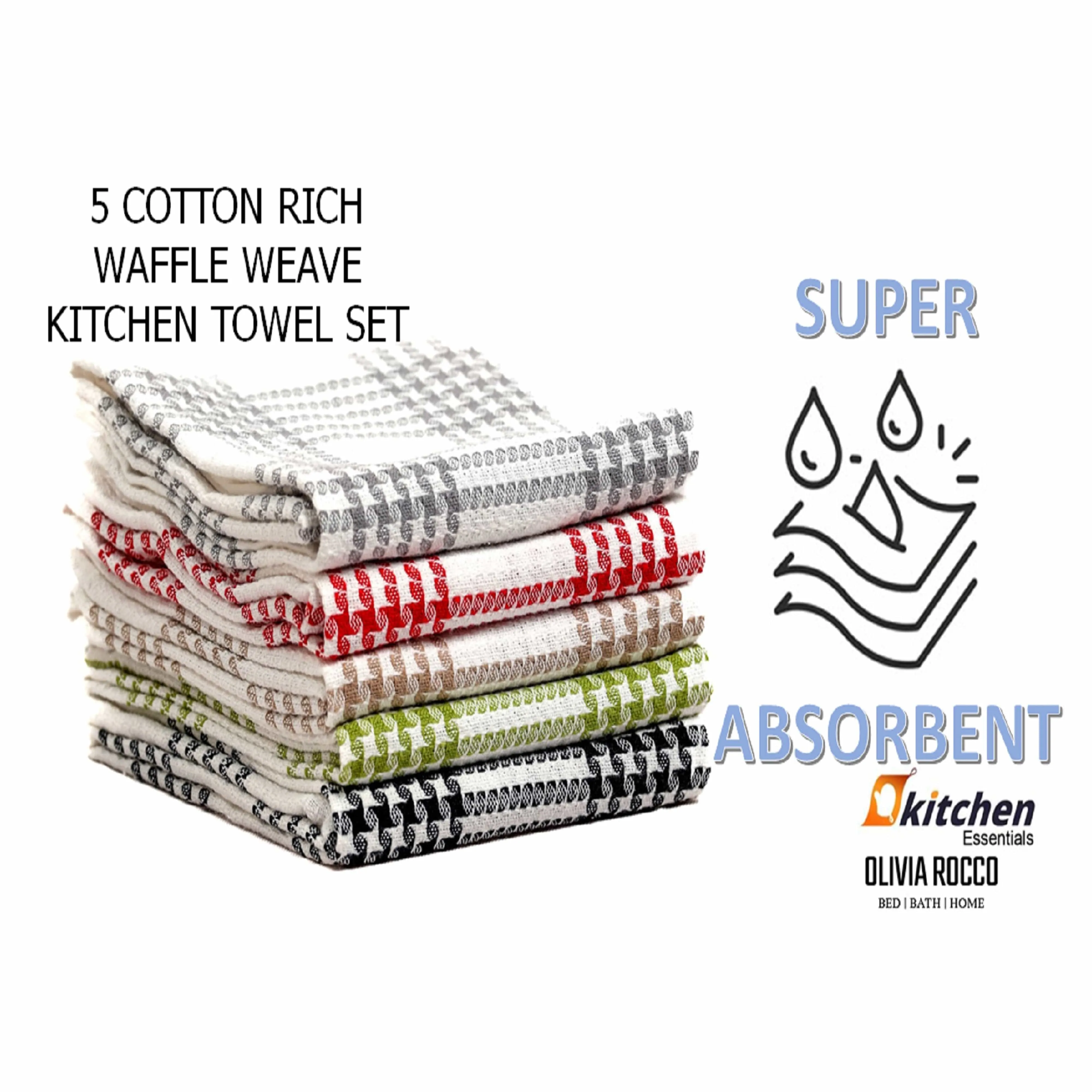 Pack of 5 Super Absorbent Quick Drying Houndstooth Cotton Tea Towels for Kitchen Durable Decorative Dish Towels 45cm x 65cm by OLIVIA ROCCO