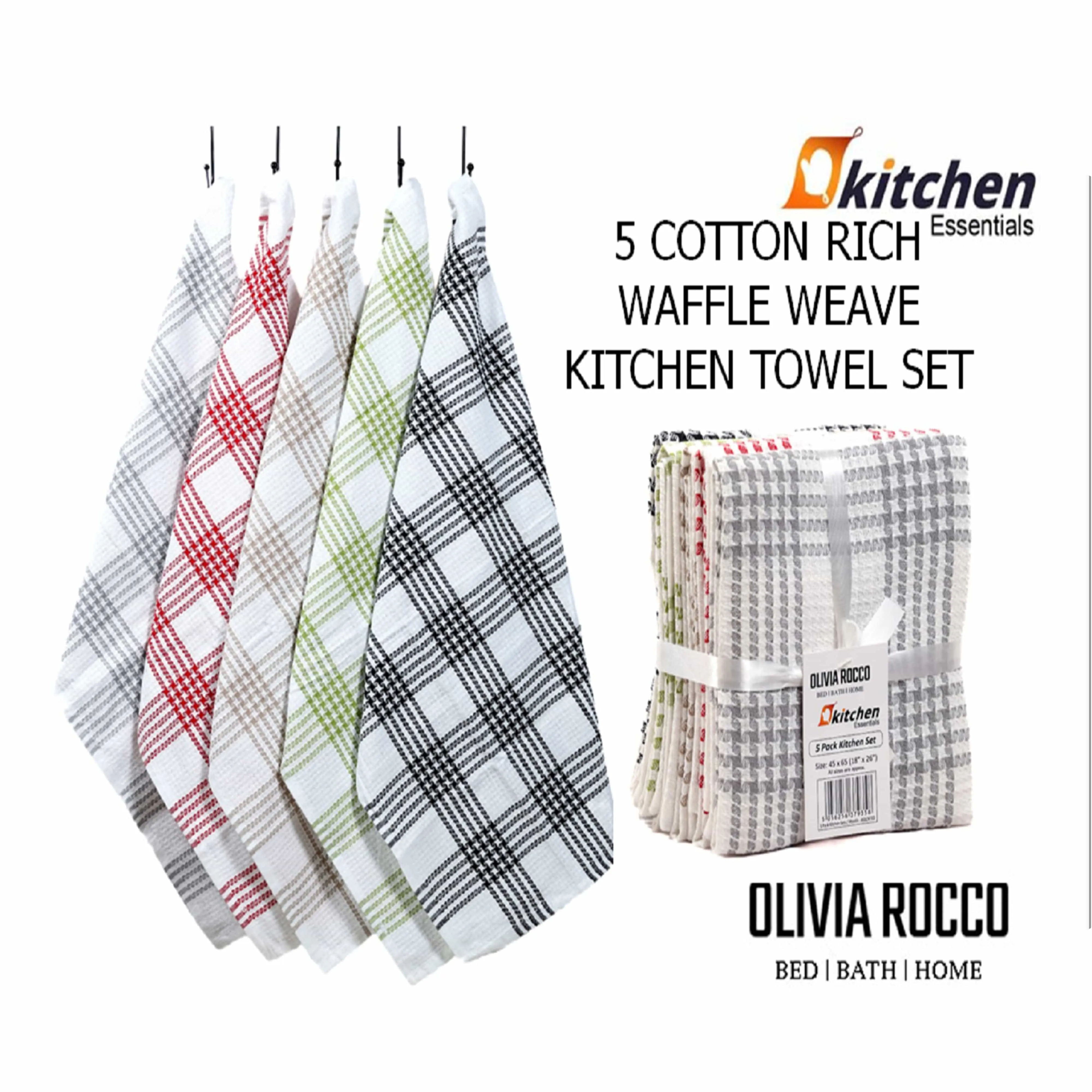 Pack of 5 Super Absorbent Quick Drying Houndstooth Cotton Tea Towels for Kitchen Durable Decorative Dish Towels 45cm x 65cm by OLIVIA ROCCO