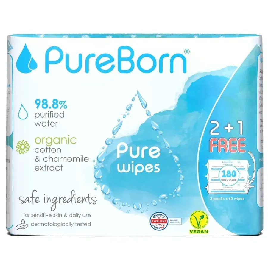 PureBorn Organic Cotton & Chamomile Extract Pure Wipes Value Pack, 3x60s