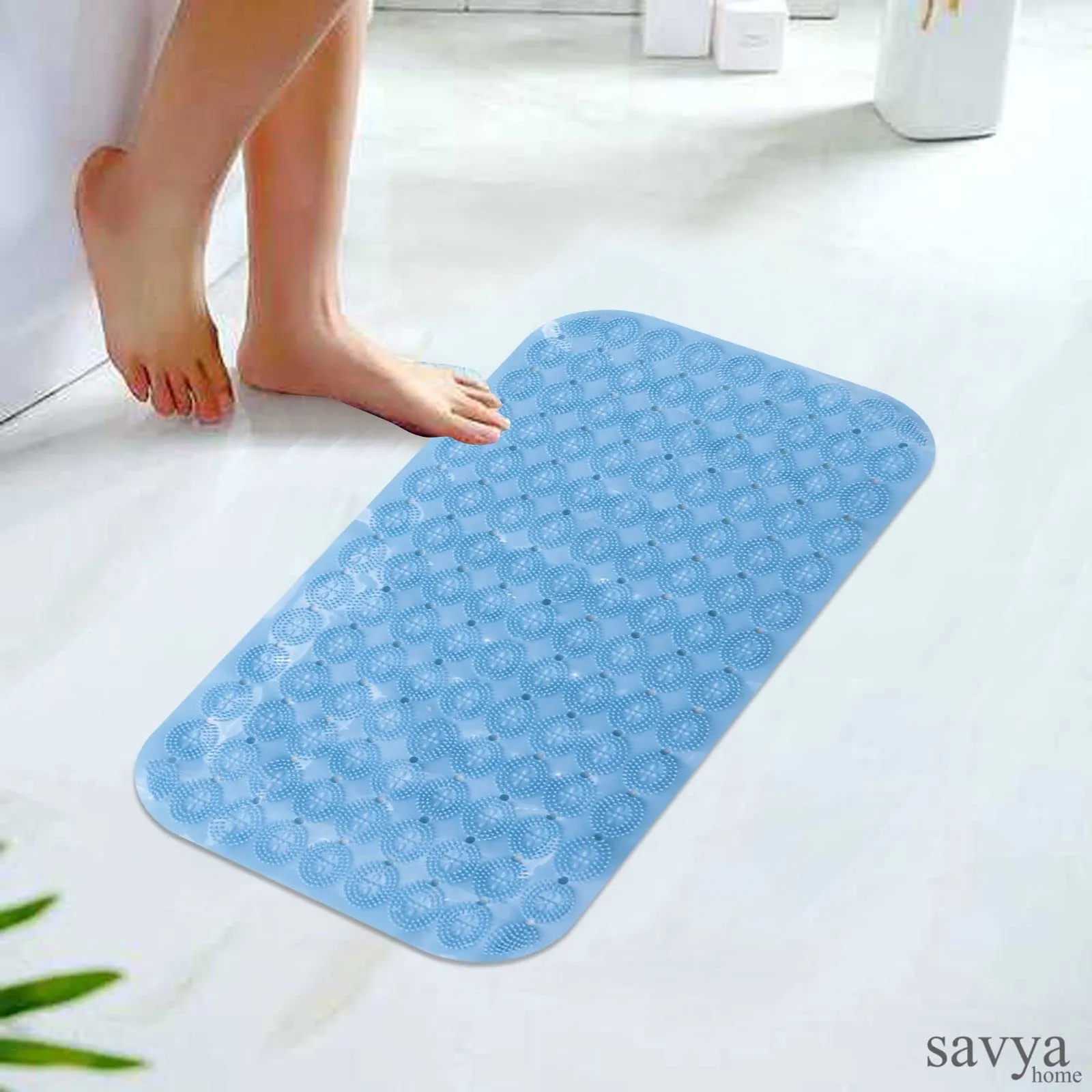 SAVYA HOME Anti Skid Bath Mat (67x37 Cm) | Anti Slip Rubber Shower Mat | Bathroom Mat Water Soak | Floor Mat with Suction Cups | Machine Washable | Bathroom Accessories | Door Mats for Home | Blue