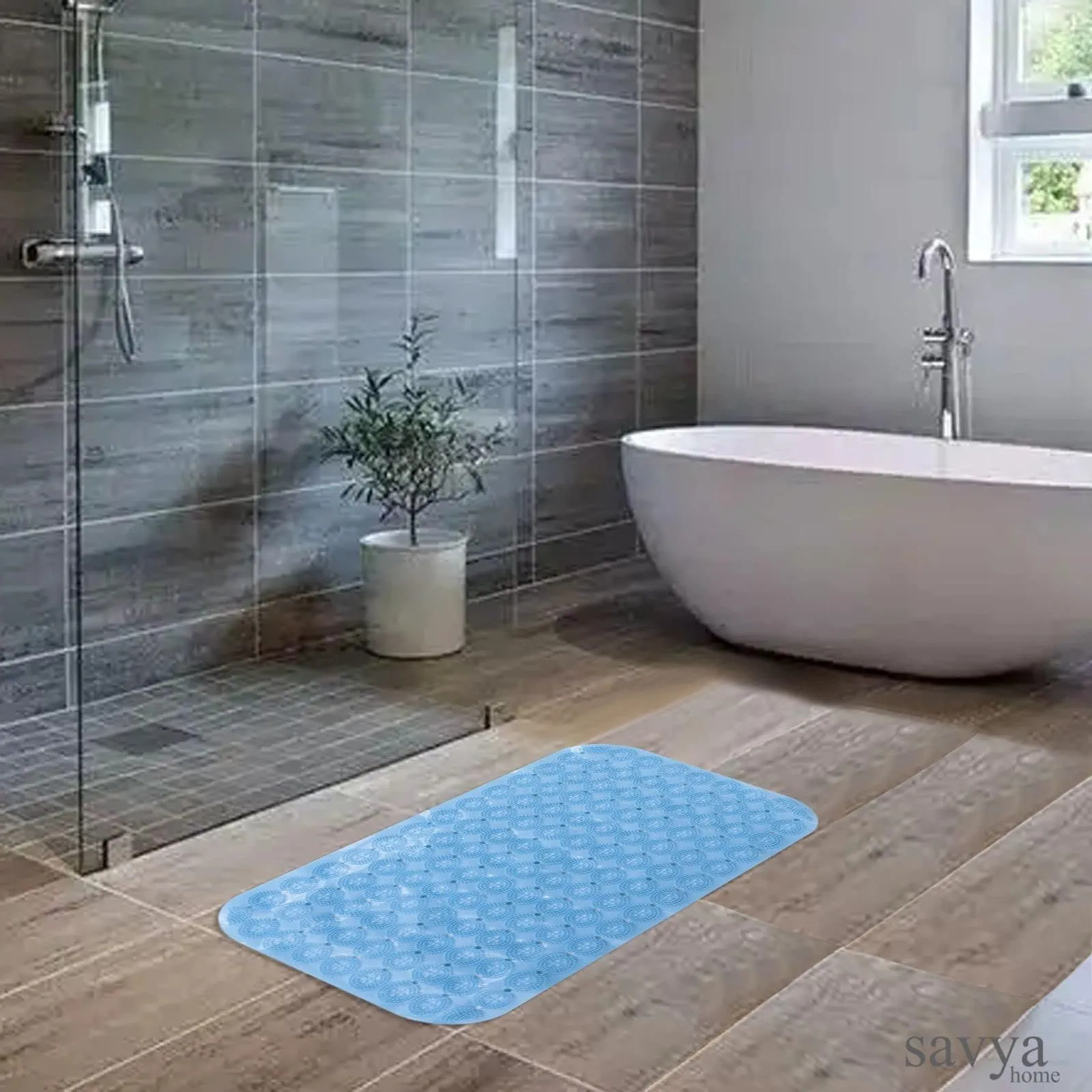 SAVYA HOME Anti Skid Bath Mat (67x37 Cm) | Anti Slip Rubber Shower Mat | Bathroom Mat Water Soak | Floor Mat with Suction Cups | Machine Washable | Bathroom Accessories | Door Mats for Home | Blue