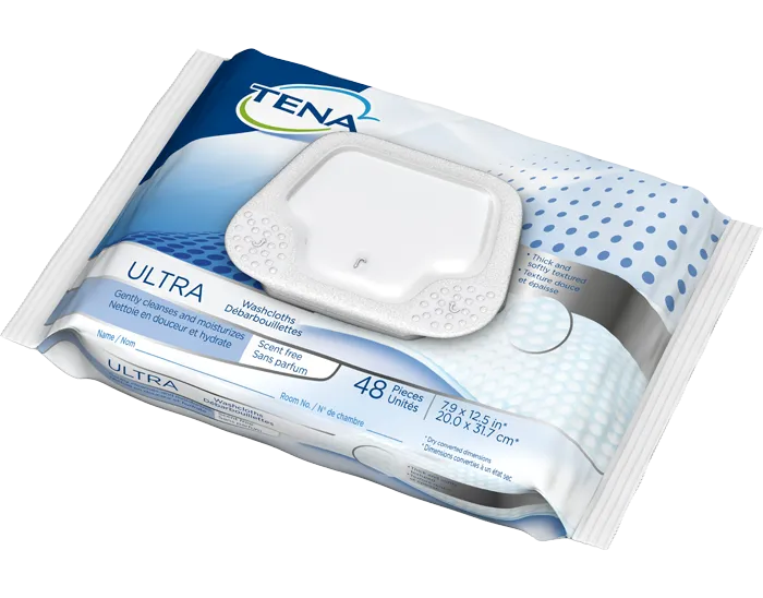 Tena 65722 Ultra Pre-Moistened Washcloths, Alcohol-Free, Scent-Free