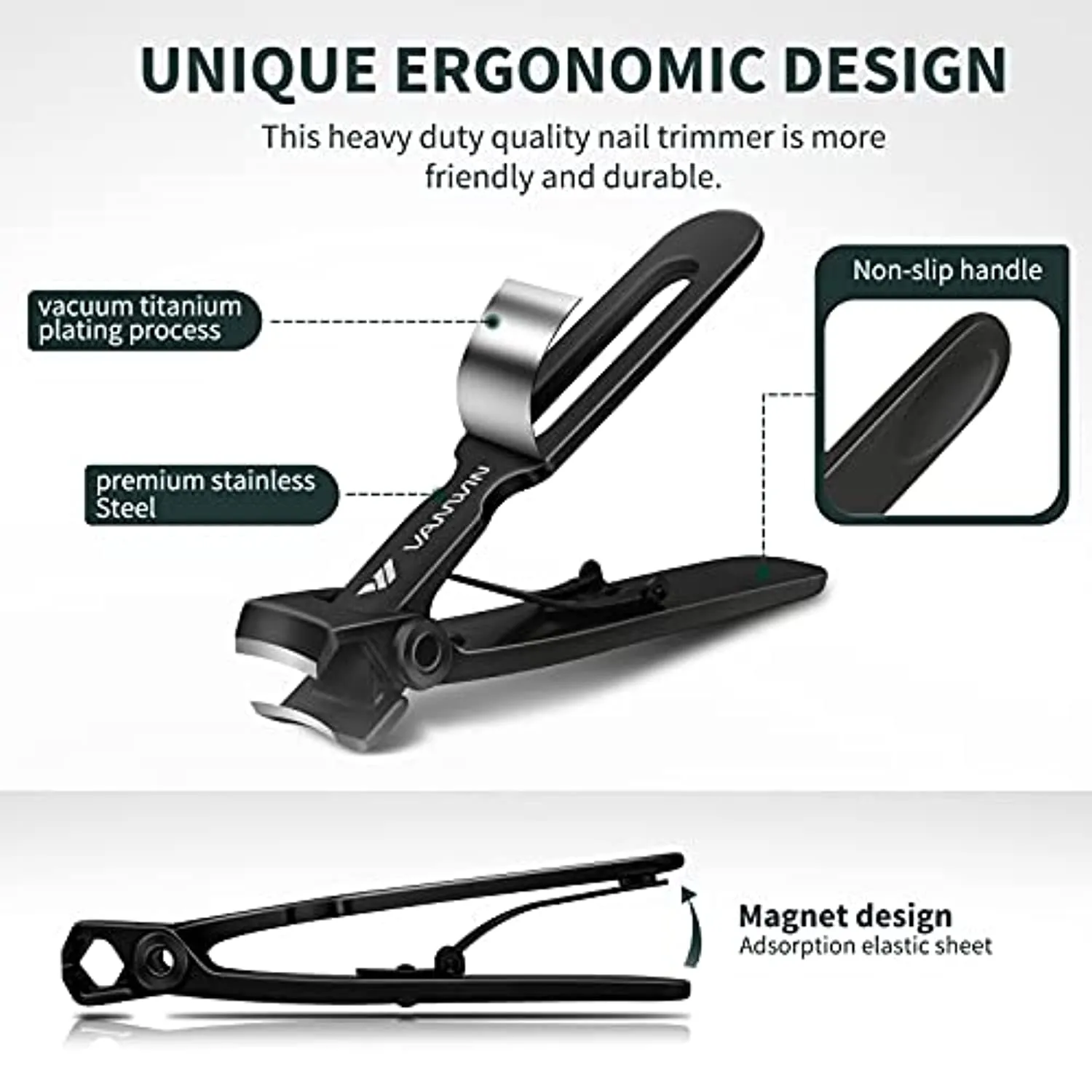 VANWIN Nail Clippers for Thick Nails, 16mm Wide Jaw Opening Oversized Toenail Cutter with Sharp Curved Blade and File, Heavy Duty Stainless Steel Fingernail Seniors Elderly, Black