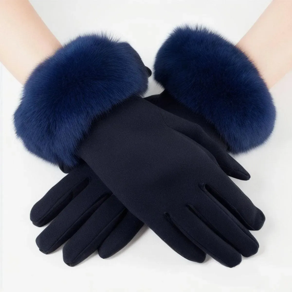 Warm and Stylish: Navy Women's Gloves with Faux Fur Cuff for Winter